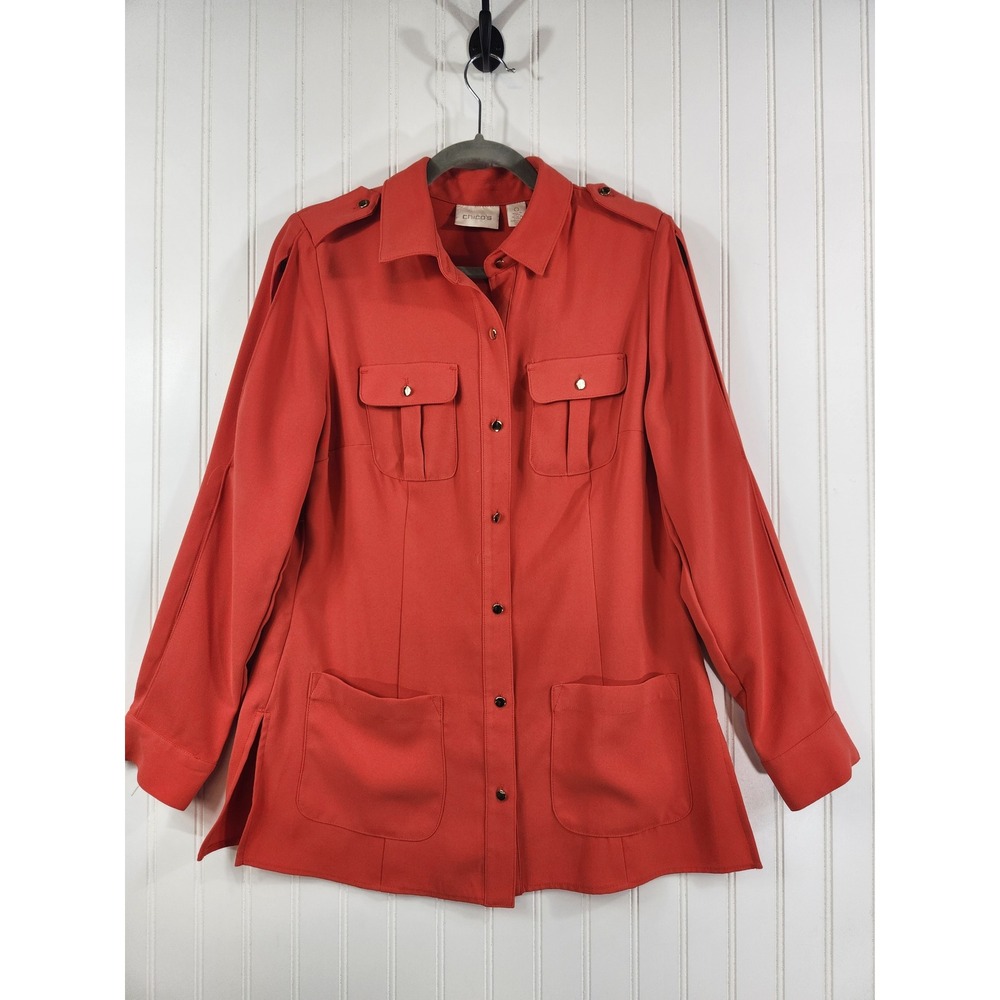 Chicos Womens Utility Button Down Shirt Orange Epaulettes Split Sleeve Size S/M